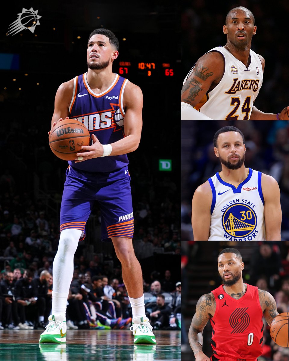 Suns's tweet photo. Most instances in the NBA scoring 20+ consecutive points in a single game (regular season and postseason combined) in the play-by-play era (per Elias): 

▪️ Devin Booker: 5
▪️ Kobe Bryant: 3
▪️ Stephen Curry: 3
▪️ Damian Lillard: 3 https://t.co/mh4djKVLjK