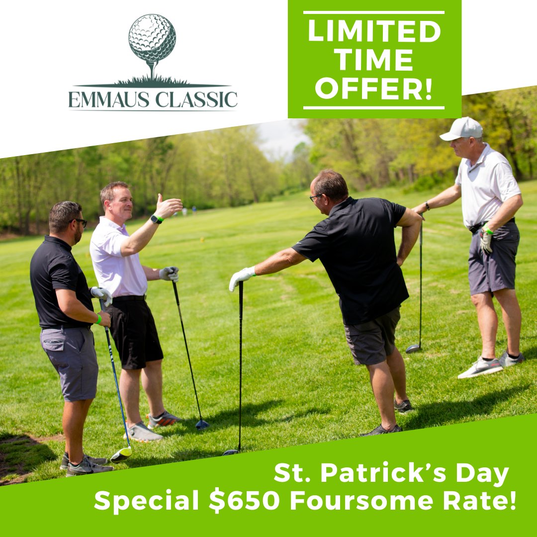 For St. Patrick’s Day, we’re offering an amazing special $650 foursome rate for the Emmaus Classic—but just 5 team spots remain!

Register your team here: secure.ngpvan.com/dQpJsOuFwEeVvB…