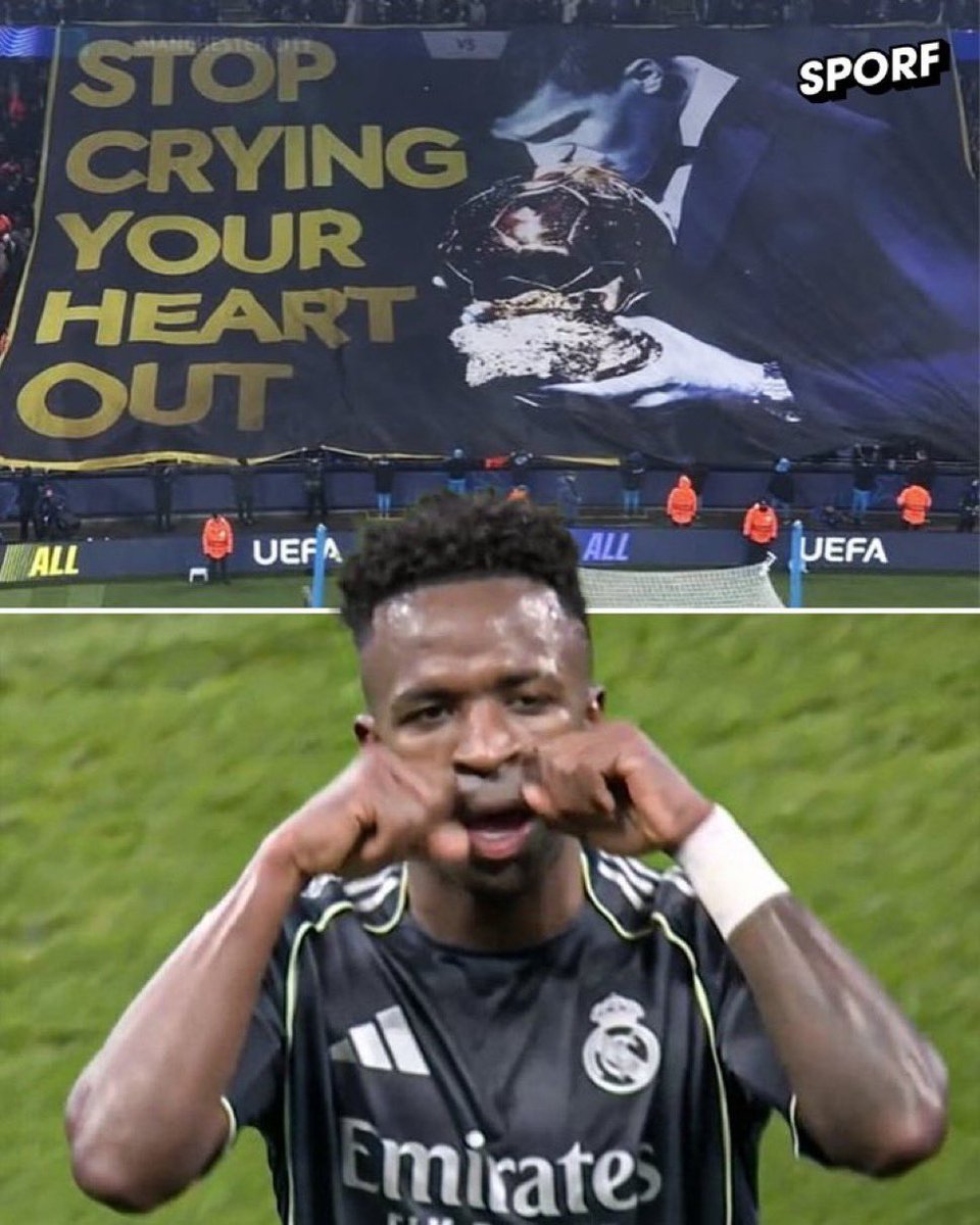 🚨 INCROYABLE !

L’an dernier, les supporters de City se moquaient de Vinícius Júnior avec un tifo “arrête de pleurer” après le Ballon d’Or…

Aujourd’hui, il leur a répondu de la plus belle des manières 🤣