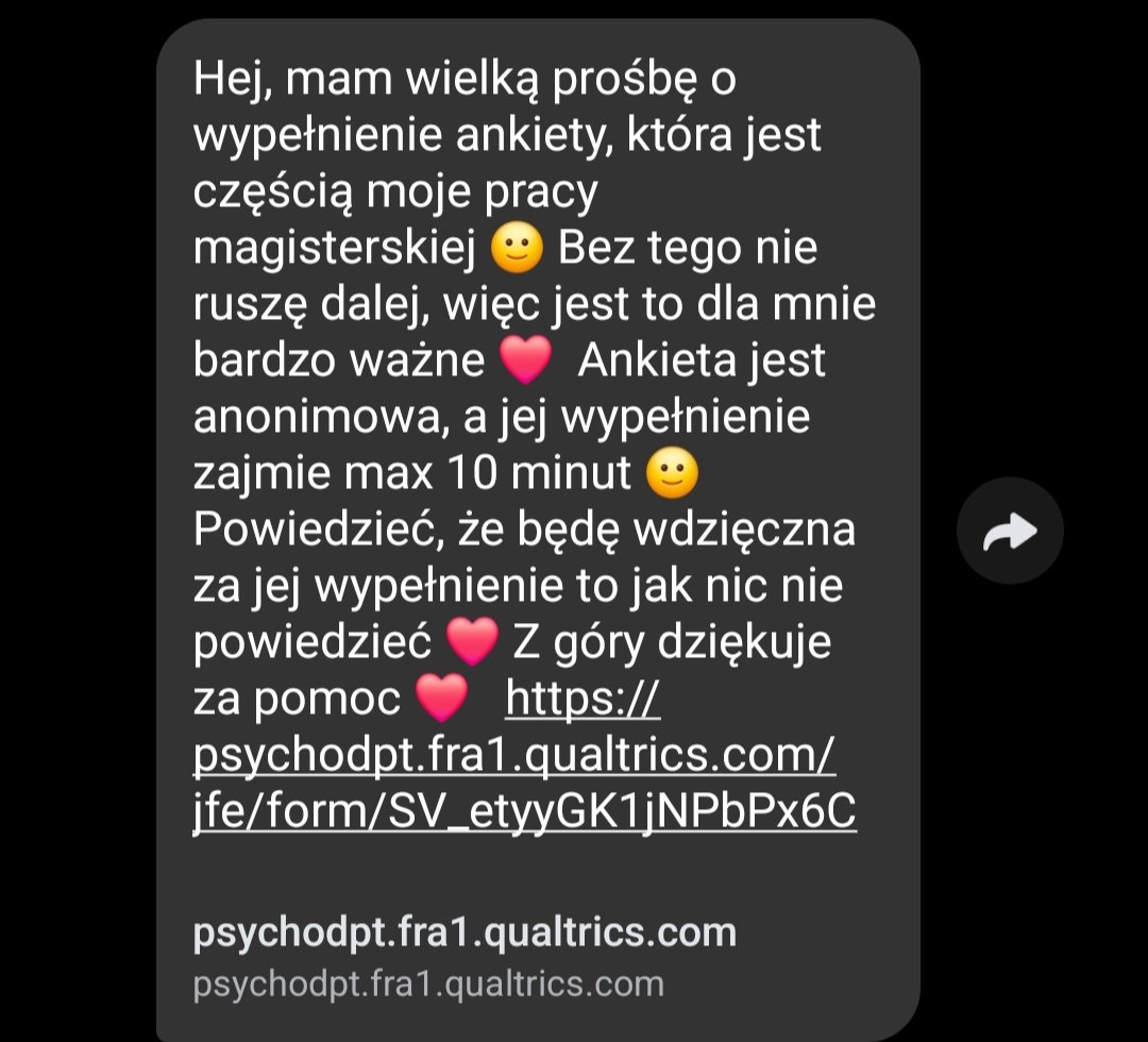 daVVid04's tweet photo. Pomóżmy #studentce z #pracą #magisterską. Zachęcam do wypełnienia krótkiej anonimowej #ankiety: https://t.co/g63DhaJH9A

Podawajcie dalej🔥
Z góry dziękuję🤍 https://t.co/sMqR0DiH6f