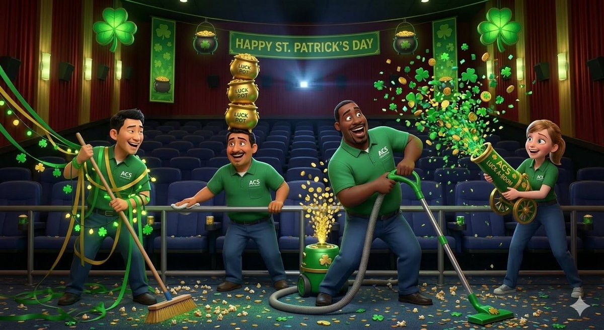 ACS_Enterprises's tweet photo. Happy St. Patrick's Day from the ACS Enterprises team! 🍀

Whether you’re wearing green or catching a parade, we hope your day is full of luck. We’re proud to keep your cinemas sparkling and lucky all year long! ✨🍿

#StPatricksDay #LuckOfTheIrish #CinemaCleaning #ACS #StPaddysDay #CinemaUnited #WeCareAboutYourCinemas