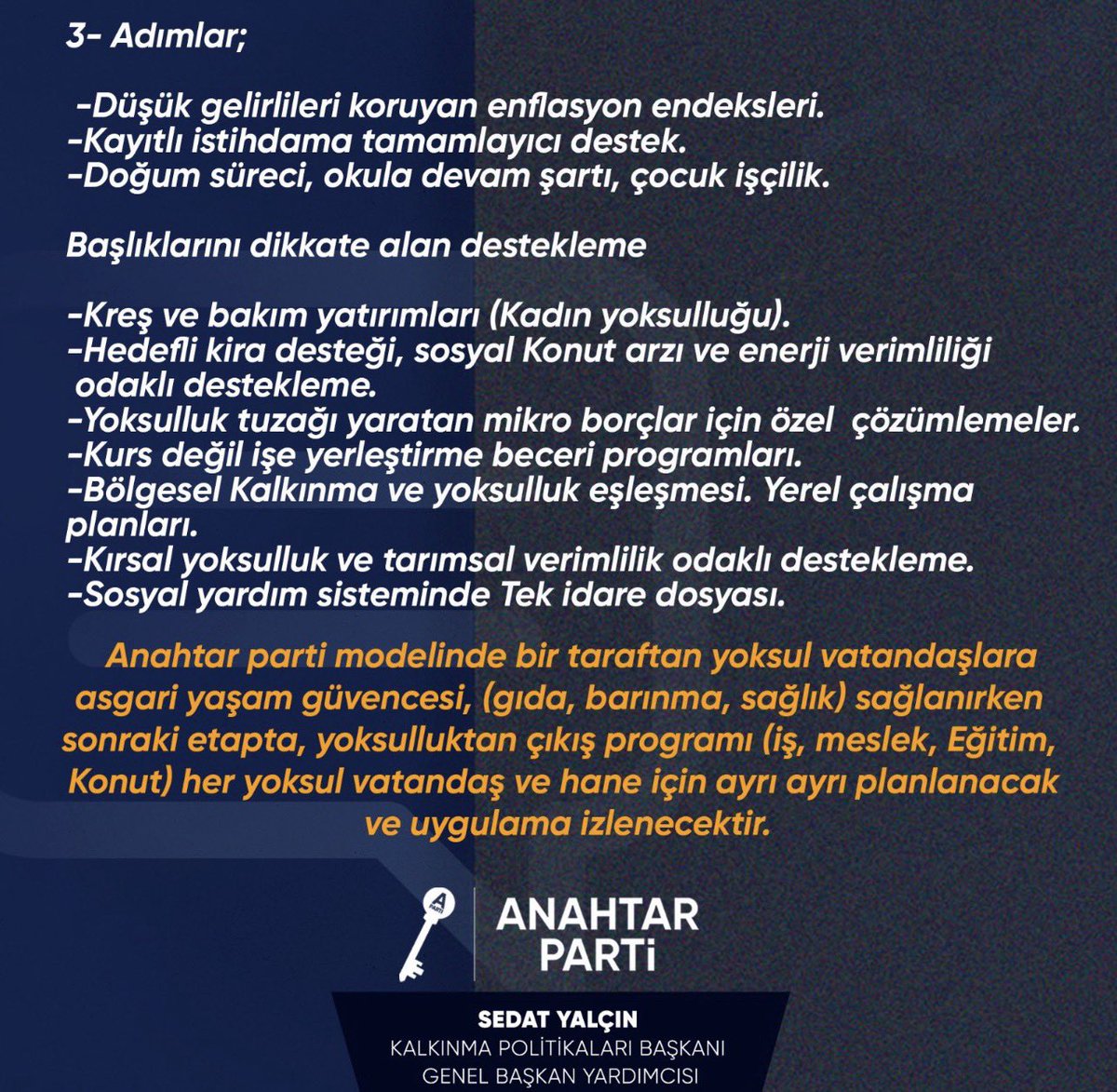 AnahtarGuncel's tweet photo. Anahtar Parti
Kalkınma Politikaları Başkanı Sayın Sedat YALÇIN;

👉 YOKSULLUK TESADÜF DEĞİL, TERCİH EDİLMİŞ BİR SONUÇTUR

Yoksulluğu sadece yardım meselesi gibi anlatanlar, aslında yoksulluğu kalıcı hâle getiriyor.
Çünkü sorun yardım değil; üretim, istihdam ve adil paylaşım meselesidir.

Bugün Türkiye’de insanlar çalıştığı hâlde yoksulsa, bu sistemin problemidir.

Bu yüzden mesele şudur:
İnsanları yardıma muhtaç eden düzen mi sürecek,
yoksa insanları kendi ayakları üzerinde durduracak yeni bir model mi kurulacak?

Anahtar Parti’nin farkı tam burada:
Yoksulluğu konuşan değil, yoksulluğun sebebine dokunan bir model.

#YoksulluğuBitireceğiz

@anahtarparti @yavuzagiraliog @APartiSimo @anahtarkalkinma @sedatyalcin16