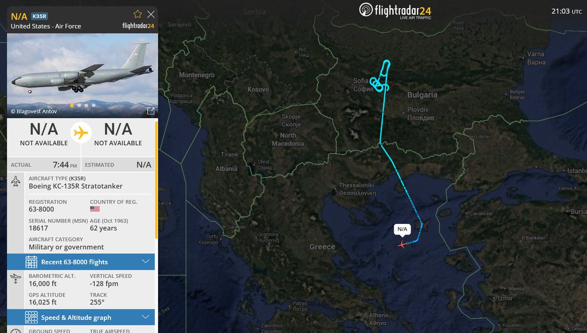 More problems for Bomber Missions? #FreeIran‌ 
--- Operation EPIC FURY ---

A tanker launched a short while ago from Sofia (LBSF) as has become routine in the last few days, to refuel the bomber missions heading back to RAF Fairford (EGVA). This evening however, the one tanker