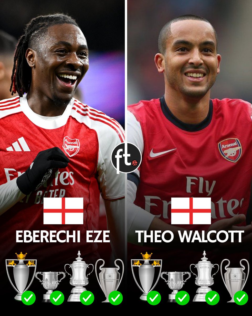 Footballtweet's tweet photo. 🏴󠁧󠁢󠁥󠁮󠁧󠁿 Only two Englishman have scored in 𝗙𝗢𝗨𝗥 separate competitions for Arsenal in the same season: 

Eberechi Eze — 2025/26

✅ Premier League
✅ League Cup
✅ FA Cup
✅ Champions League

Theo Walcott — 2012/13

✅ Premier League
✅ League Cup
✅ FA Cup
✅ Champions League https://t.co/9XMp6PVY0k