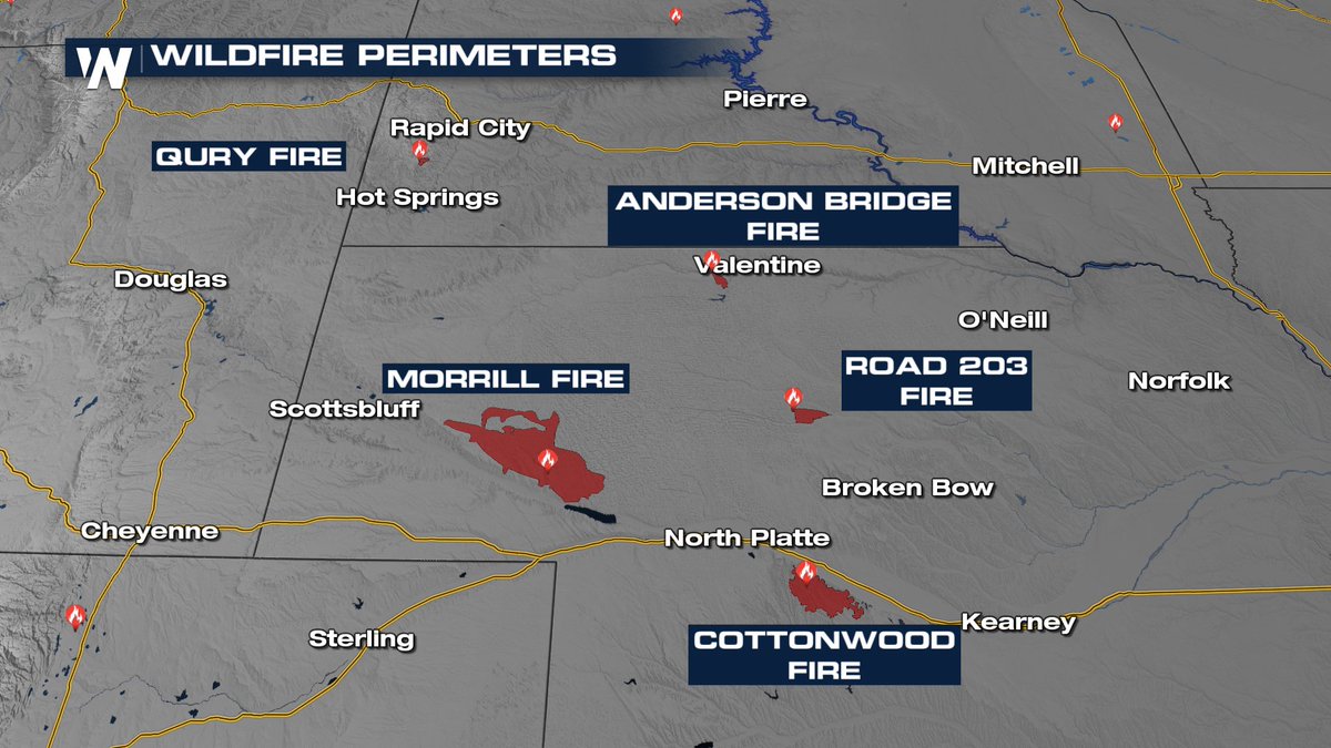 WeatherNation's tweet photo. The #MorrillFire continues to burn across western Nebraska, becoming the largest in state history at 572,804 acres with 18% containment. Conditions will remain dry this week, with relative humidity dropping into the teens and even single digits.  #NEwx https://t.co/SQ2wBsROMS