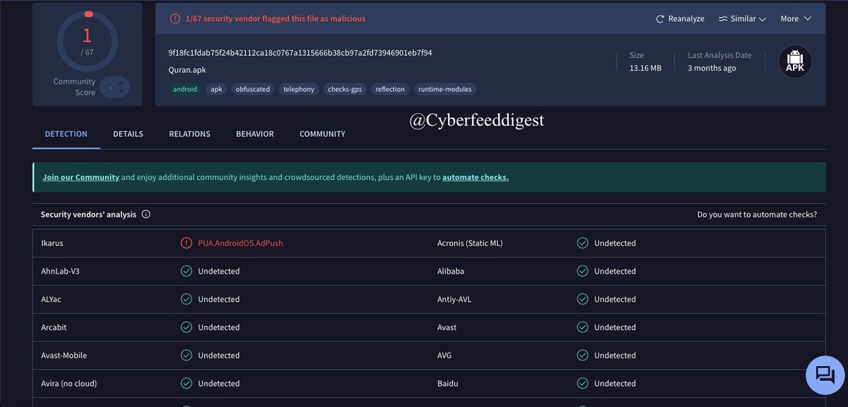 cyberfeeddigest's tweet image. Filename: Quran.apk

MD5:2f1e3e4918dfbd4bbcacc96511fb8df9
1/67 security vendor flagged this file as #malicious
Contacted Domains:dehdashtinia[.]ir
Good source for #Malware analysts.
Handle with caution.