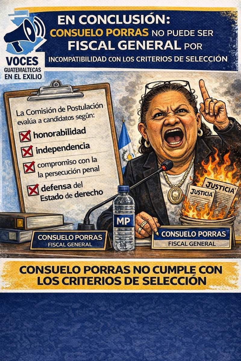 🚨 <a href="/vocesenelexilio/">vocesenelexiliogt</a> pide que #ConsueloPorras no sea incluida en el listado para Fiscal General ⚖️
❌ Señalan más del 95% de impunidad, persecución a operadores de justicia y desmantelamiento anticorrupción

🌎 Advierten riesgos para la democracia y cuestionamientos