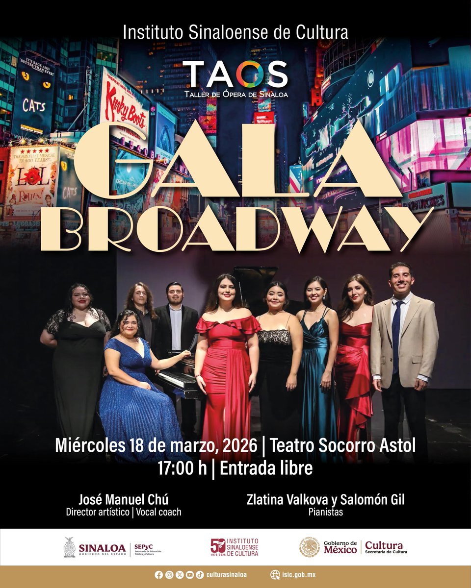 CulturaSinaloa's tweet image. 🏙️¡Broadway llega al Teatro Socorro Astol con el Taller de Ópera de Sinaloa!

📅 Miércoles 18 de marzo de 2026
⏰ 17:00 h
📍 Teatro Socorro Astol
🎟️ Entrada libre para toda la familia
#CulturaSinaloa #ISIC50años #TAOS
