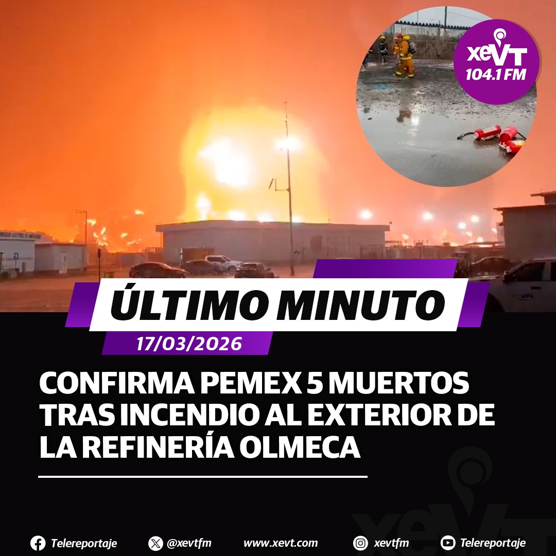 xevtfm's tweet photo. #ÚltimoMinuto 🔴 Petróleos Mexicanos confirmó el fallecimiento de cinco personas, incluida una trabajadora de Pemex, tras el incendio en el exterior de la Refinería Olmeca 

🚨 En un comunicado @Pemex señaló que, el incidente ya fue controlado y no representa riesgo; autoridades investigan las causas mientras se brinda atención a lesionados