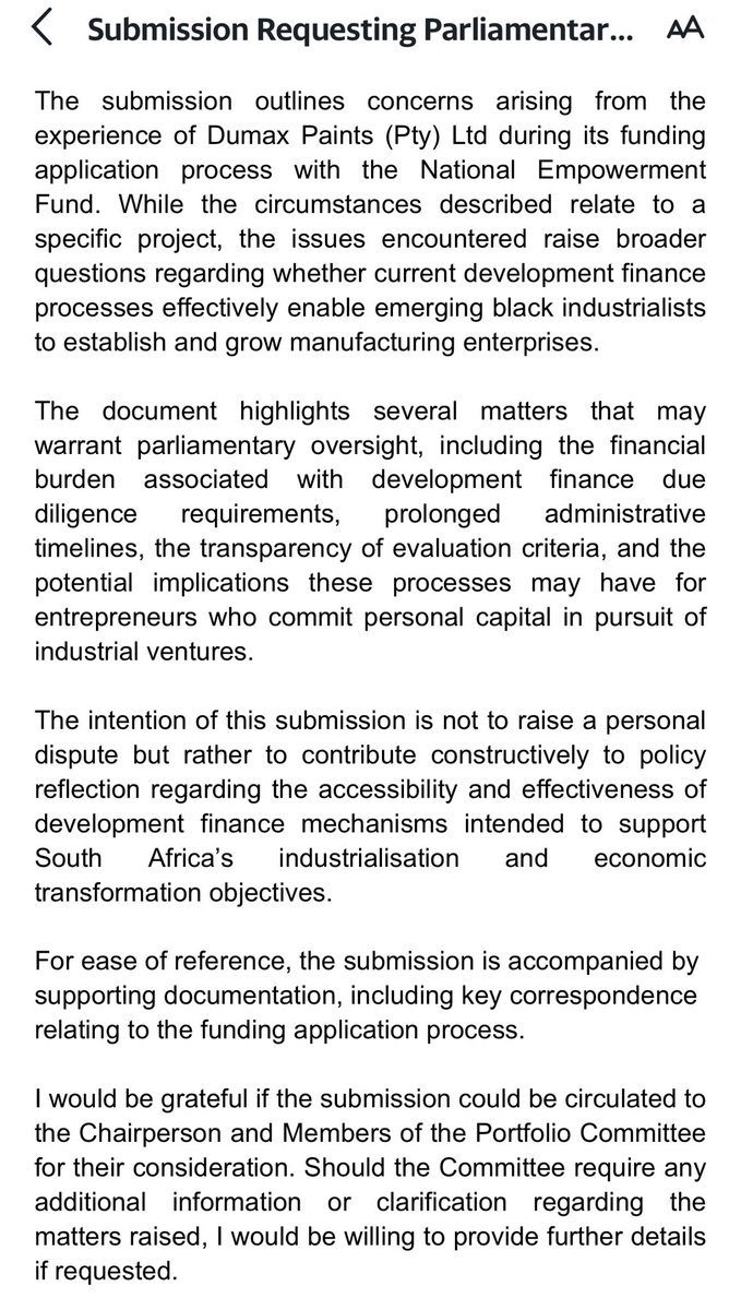 Today I submitted a formal request to the Parliament of SA Portfolio Committee on Trade, Industry and Compt to review development finance processes affecting black industrialists.

If we want manufacturing growth in South Africa, entrepreneurs must be supported, not discouraged.
