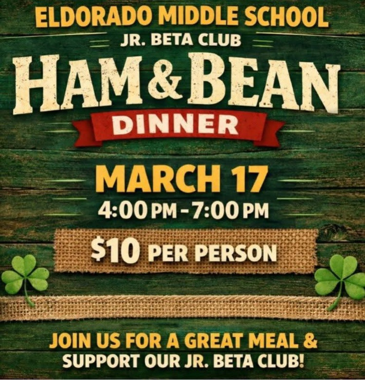 CodyCusic's tweet photo. Reminder! The Eldorado Middle School Jr. Beta Club Ham &amp; Bean Dinner is tonight from 4:00–7:00 PM.

Join us for a great meal and support our students!
$10 per person.

We hope to see you there! https://t.co/OaV1GDVVsy