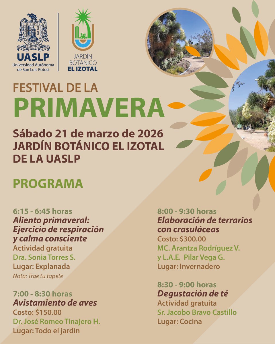 izotaluaslp's tweet photo. La primavera espera ser bienvenida !Hagámoslo! Los esperamos este sábado 21 de marzo para disfrutar de las actividades en el @izotaluaslp. 
Tendremos actividades con costo y gratuitas ¡Los esperamos! https://t.co/cAAgo7w9RW