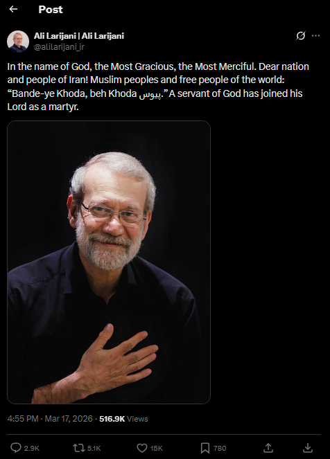 RyanRozbiani's tweet image. JUST IN 🇮🇷: Ali Larijani account posts to confirm his assassination.

Israel gets to play God, killing whoever they dont like and the world keeps watching. One day you will be on their list and other's will watch you. 

This is not about Dr. Larijani, this is about the security