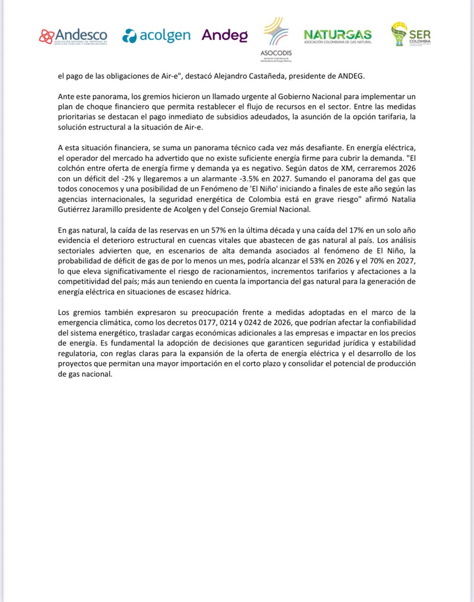 Acolgen's tweet photo. 🚨Comunicado 
Alerta en el sector energético colombiano: gremios advierten que deuda a las empresas asciende a $9.2 billones generando nuevamente riesgos en la prestación los servicios de energía y gas natural. https://t.co/z5iIZQjDhS