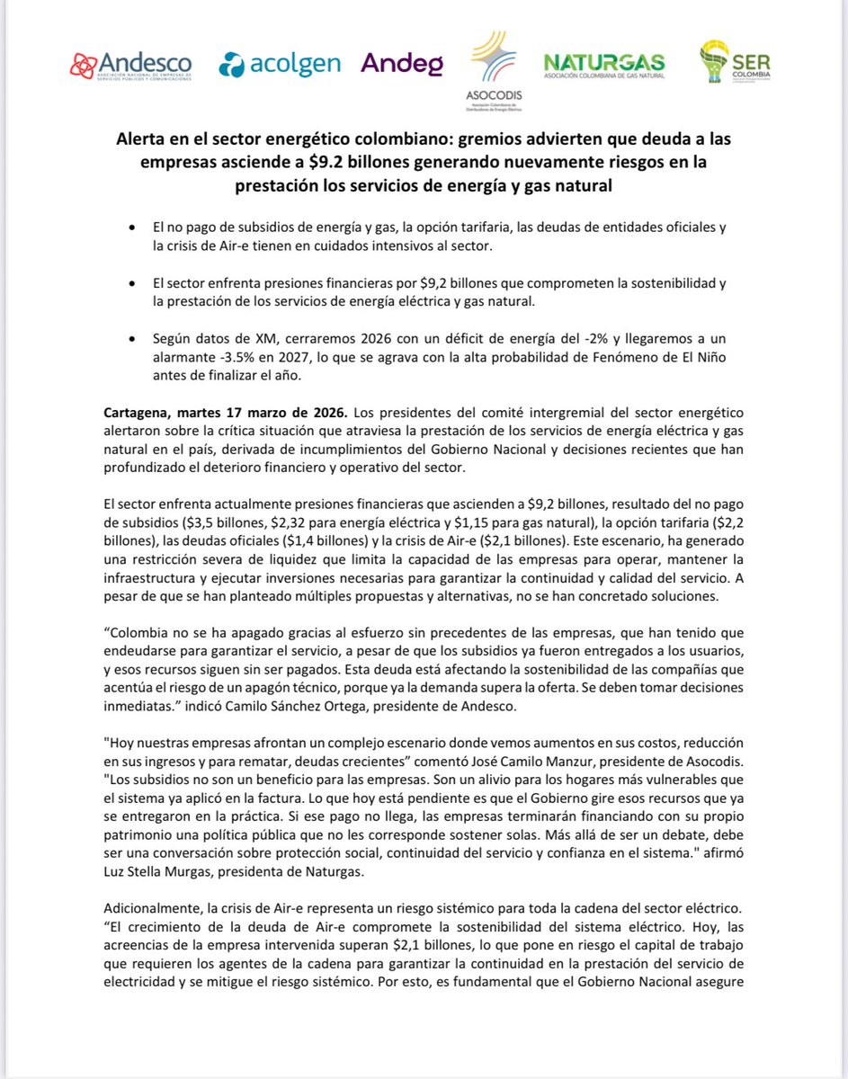 Acolgen's tweet photo. 🚨Comunicado 
Alerta en el sector energético colombiano: gremios advierten que deuda a las empresas asciende a $9.2 billones generando nuevamente riesgos en la prestación los servicios de energía y gas natural. https://t.co/z5iIZQjDhS