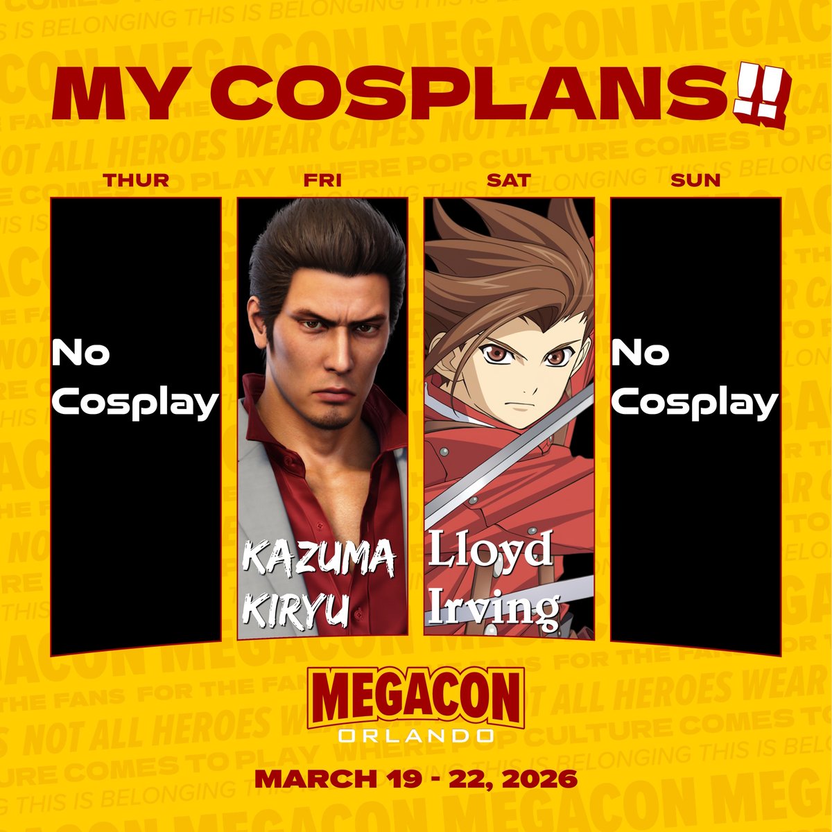 RonnieBoss7's tweet photo. From March 19th - 22nd, I will be attending #MEGACONOrlando, so there'll be no streams until March 24th. If you happened to see me, you'll see in one of these two cosplays or just my regular self #cosplans but I can't wait to take part in this con once more https://t.co/cdFQLffUFX