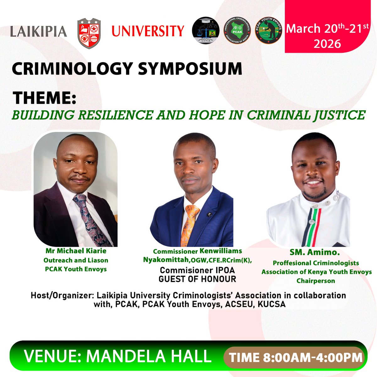 The future of criminology is not written yet…

 It will be researched, debated, and built, right here in Laikipia.

Step into a space where curiosity meets purpose.

#TwendeLaikipiaCrimSymposium #LaikipiaCriminologySymposium #TwendeLaikipiaCriminology2026