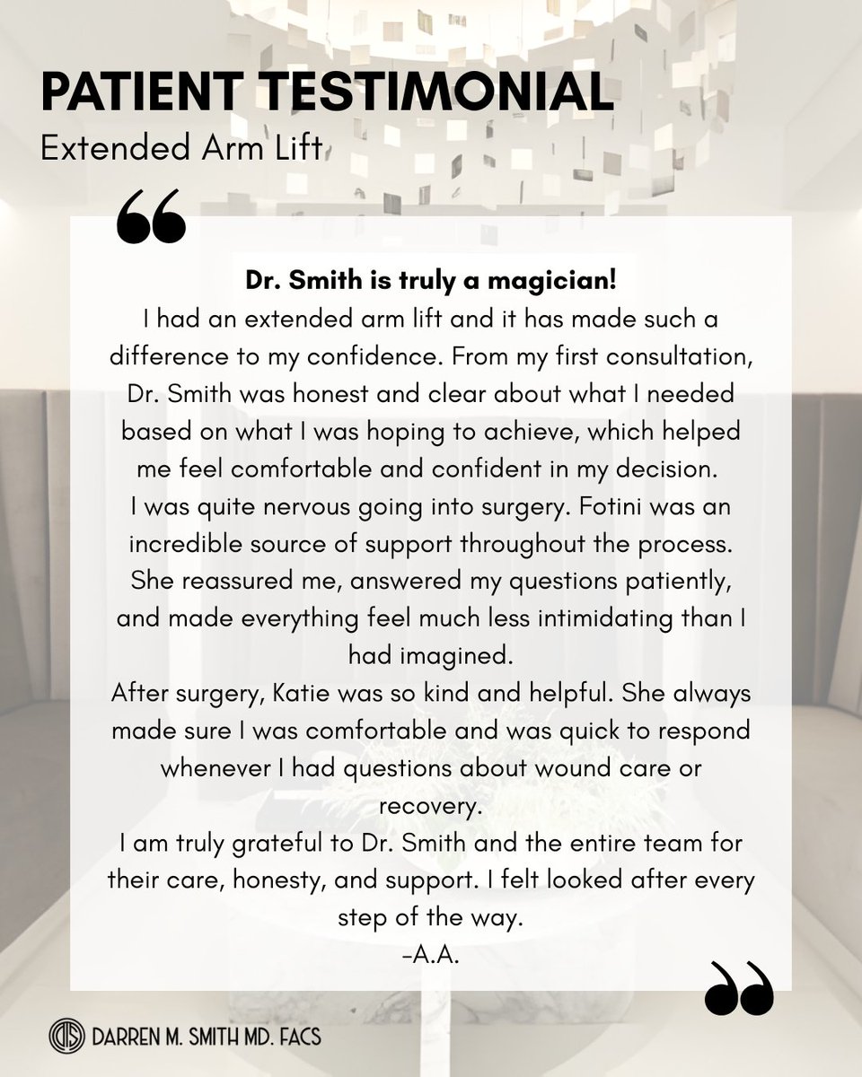NYCPlasticsDoc's tweet image. "Dr. Smith is truly a magician!" ✨ Huge thanks to A.A. for sharing their extended arm lift journey with us. We’re dedicated to providing world-class care at every stage. 🏥💪
Learn more: darrensmithmd.com
#plasticsurgery #armlift #patientcare #nyc