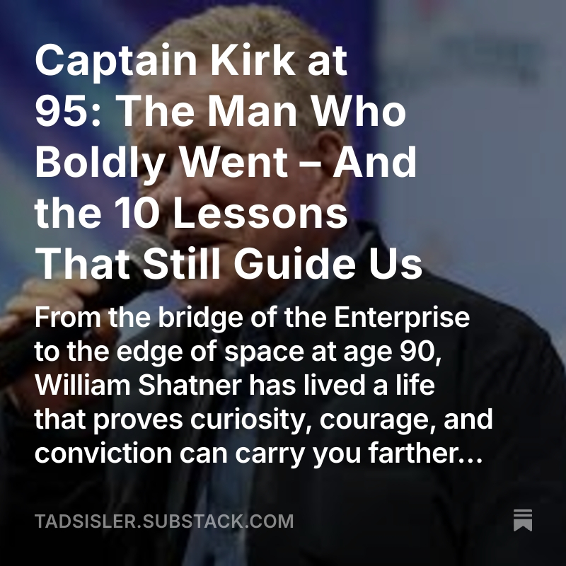 TadSislerOne's tweet photo. William Shatner is still going at 95!    In my childhood, Captain Kirk on Star Trek was a hero and opened up a whole new universe to us all, much of which is actually now coming true!  Read more.  https://t.co/pcU9skj6CZ

#WilliamShatner #StarTrek #CaptainKirk https://t.co/gBpgLVUlCV