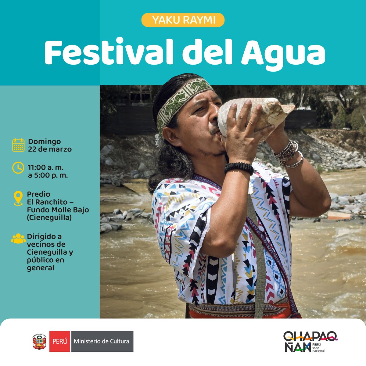 Acompáñanos al Festival del Agua en Cieneguilla
📅Dom 22 marzo
🕕Desde las 11am
📍Predio “El Ranchito” Fundo Molle
Esta es una iniciativa del Proyecto Qhapaq Ñan para reconectar con el profundo significado que el agua tuvo en nuestros antepasados.
Programa bit.ly/3NslEP6