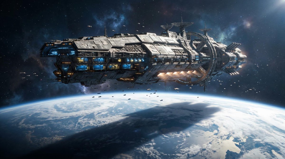 PromptSin's tweet image. Nothing says welcome to the neighborhood like casting a shadow over an entire hemisphere. The commute must be a nightmare. 🌌🚀 
Save this for inspiration #GenerativeAI 
#SpaceOpera #VisualStorytelling