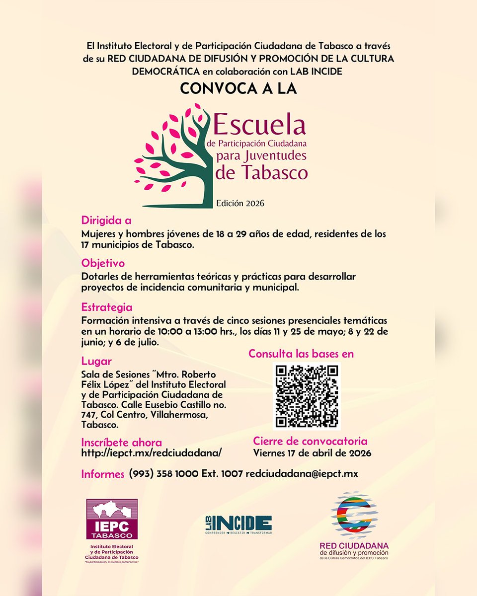 IEPCTabasco's tweet photo. El #IEPCTabasco, a través de la Red Ciudadana de Difusión y Promoción de la Cultura Democrática en colaboración con LAB INCIDE, invita a las y los jóvenes interesados en fortalecer sus conocimientos y participación en los asuntos públicos a consultar la convocatoria de la Escuela de Participación Ciudadana para Jóvenes Tabasqueños.

🔎Consulta la convocatoria completa aquí:
https://t.co/REfrW27s0l

📝Realiza tu registro en el siguiente enlace:
https://t.co/WkQEsMjs5P

“Tu participación, es nuestro compromiso”
https://t.co/RbWgyIxj6j