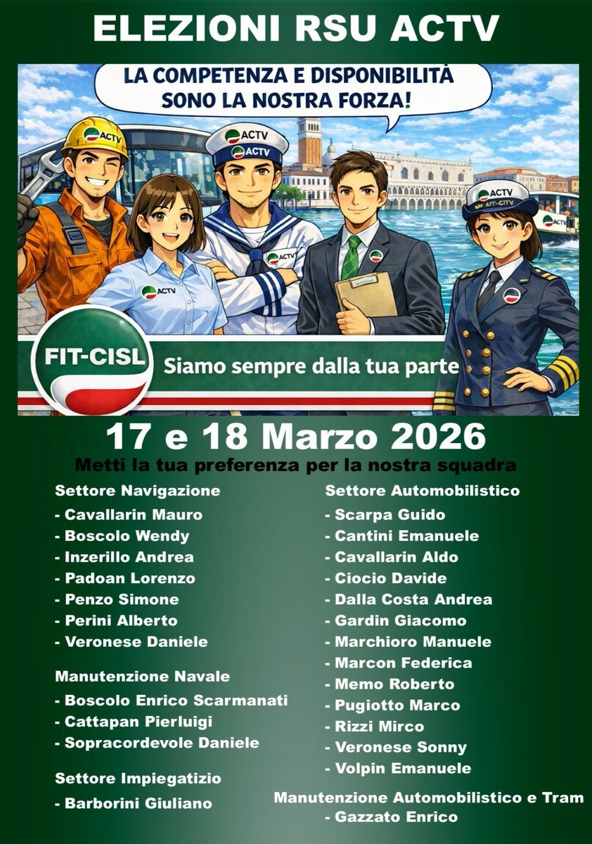 FITCISLVeneto's tweet photo. #FitCislVeneto
#TPL 
#ElezioniRSU
@TrasportoPubblicoLocale
🗳 Rinnovo della RSU in Actv Venezia 

Il 17 e 18 Marzo 
🖊 𝐕𝐎𝐓𝐀 ...e fai VOTARE i candidati della lista FIT CISL.
🫵Insieme per #GuidareilCambiamento
#Partecipazione
#ElezioniRSU https://t.co/hDnCLP1Sj7