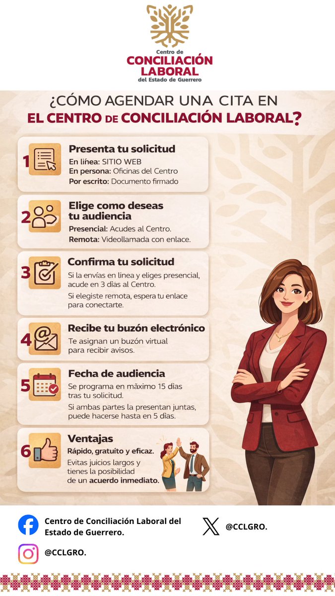 CCLGRO's tweet photo. 🤝 ¿Conflicto laboral?

Visítanos en el Centro de Conciliación Laboral del Estado de Guerrero
🗓️ L-V | 🕘 9:00 a 16:00 hrs
📞 747 123 2840
✨ ¡Conciliar es la mejor solución! https://t.co/zoYPMz95Sh