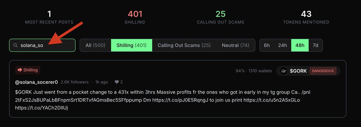 Added search by handle. Put in your favorite (or most hated) kol and see if they're promoting scams.