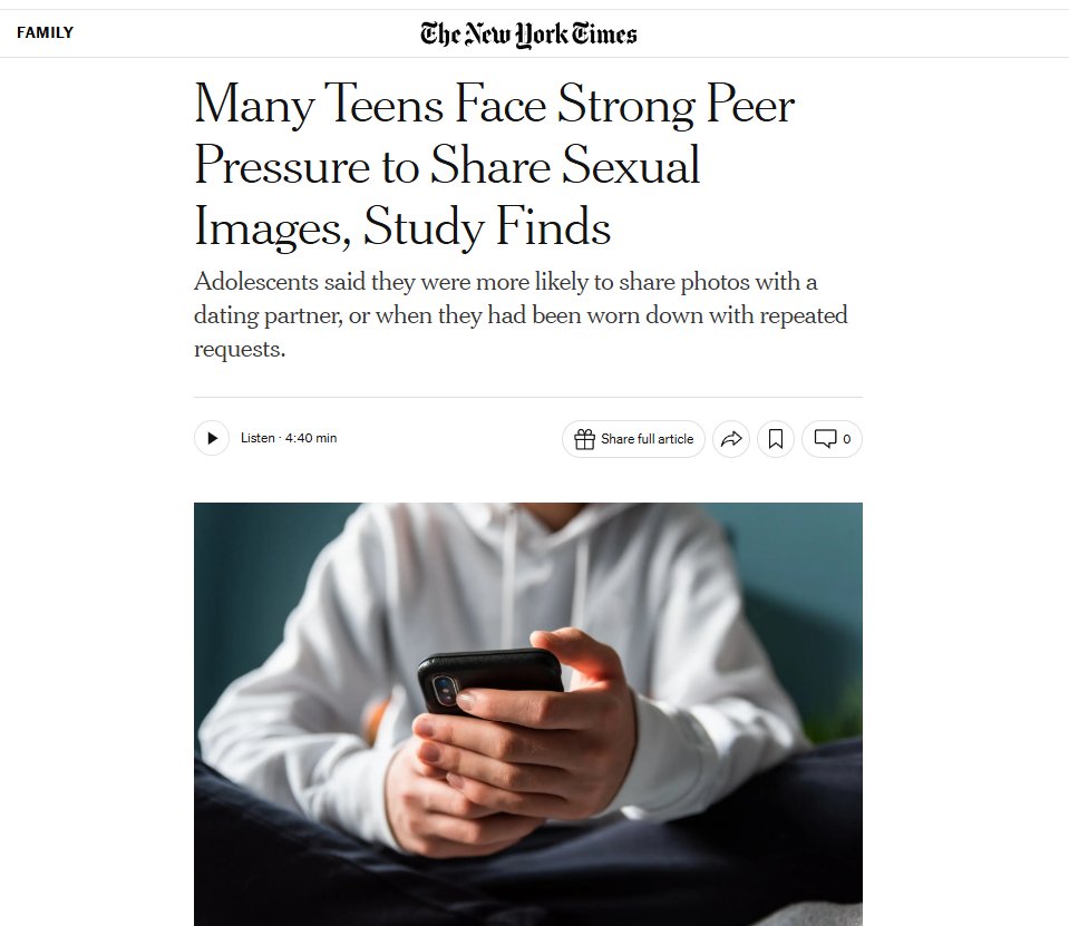 hinduja's tweet photo. Today’s @nytimes features our new Journal of Adolescence study on sexting and sextortion, dives into sexual image coercion among 18- to 28-year-olds, and highlights some of my perspective on these trends. https://t.co/s4bfLuVd2g https://t.co/5tukLvJP5f