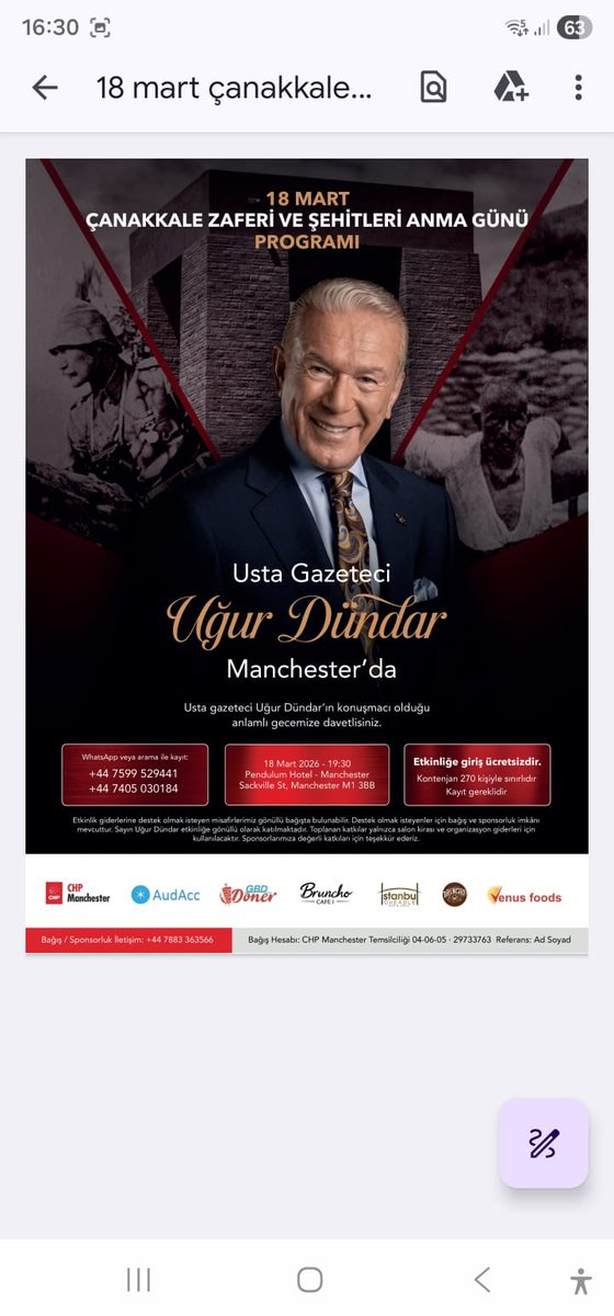 ugurdundarTV's tweet photo. Bugün İngiltere'nin Manchester kentinde, Gazi Mustafa Kemal Atatürk başta olmak üzere tüm aziz şehitlerimizi anacağız ve muhteşem 18 Mart 1925 Deniz Zaferi'nin 111. yıldönümünü coşkuyla kutlayacağız.
Hepiniz davetlimizsiniz.
Girişler ücretsizdir. https://t.co/2RrwT0LjPF