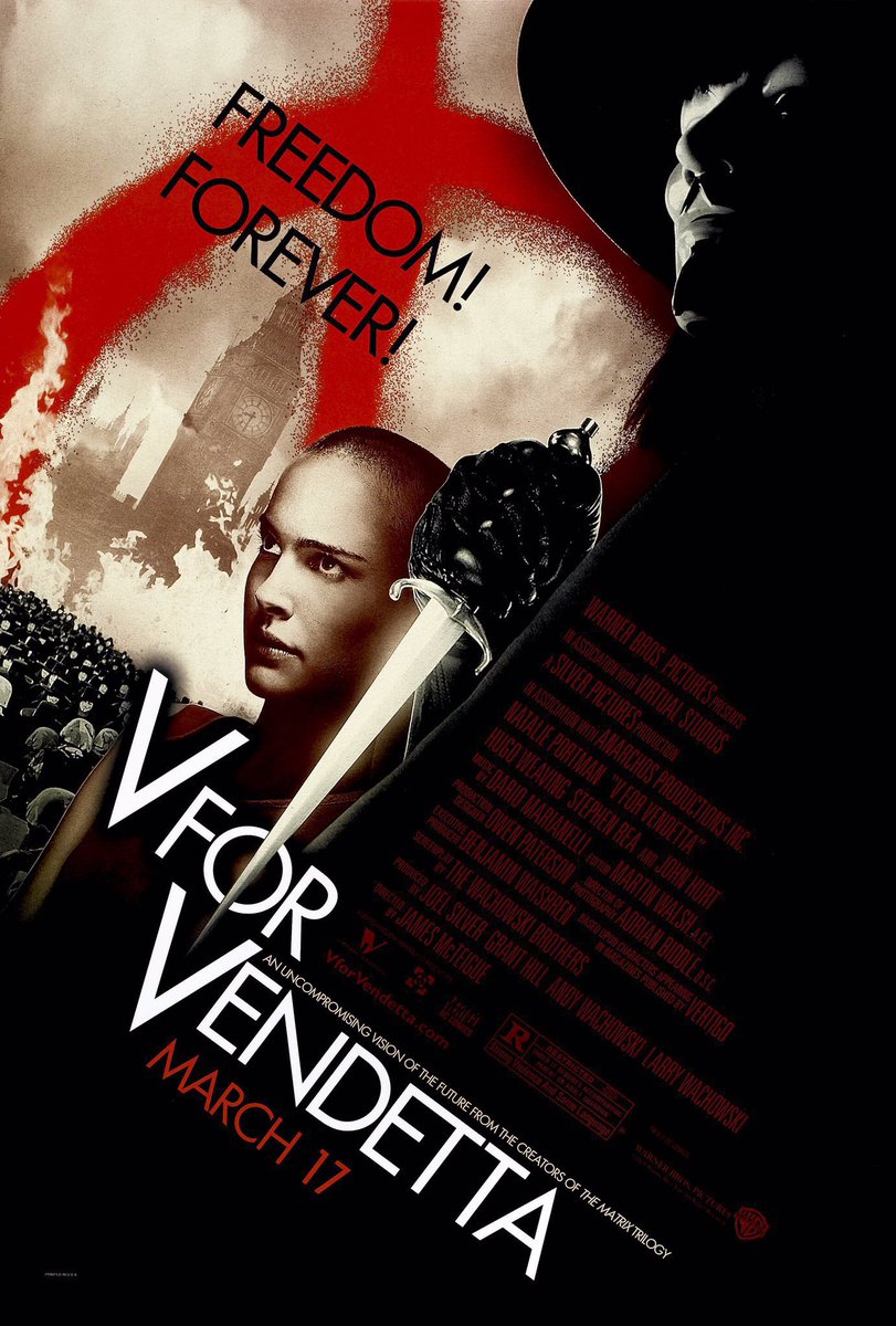 FilmNewsNos's tweet photo. 🎬MOVIE HISTORY 20 years ago today March 17, 2006 the movie ‘V for Vendetta’ opened in theaters!
#HugoWeaving #NataliePortman #StephenRea #JohnHurt #StephenFry #TimPigottSmith #RupertGraves #RogerAllam #JohnStanding #EddieMarsan #BenMiles #GuyHenry #SineadCusack #NatashaWightman https://t.co/74qR1ekZh6
