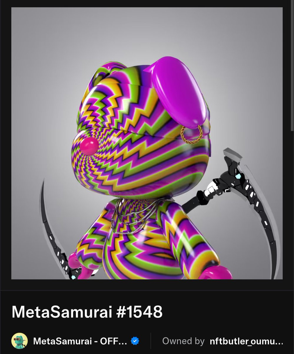 GM!
本日のメタサムコンシェルジュはこちら! 
カラフルなスキンがカッコいいこの子✨️
背負った鎌もカッコいい😍
こちらの子はフロアより少し上にてお迎えを待ってます！
購入検討中の方如何でしょう😊
#MetaSamurai
#メタサムコンシェルジュ