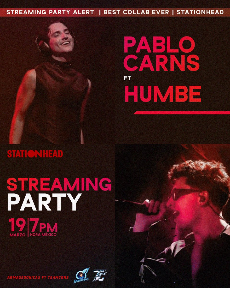 🚨 STREAMING PARTY 🚨

Nos unimos con @/Armagedonicas para esta colaboración especial entre fans y hacer ruido juntxs en Stationhead. ❤️‍🔥

Estaremos escuchando a Pablo Carns x Humbe, compartiendo música y pasando un buen rato con el fandom✨

🗓 19 DE MARZO

HORARIOS⏰ 
México /