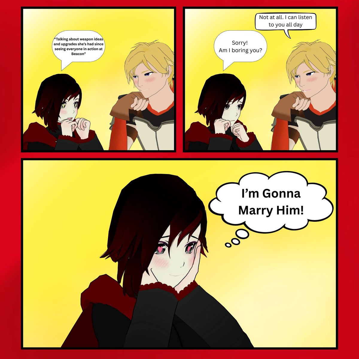 Jaune can listen to Ruby for days

#rwby #rwbyfanart #lancaster #blender #rubyrose #jaunearc #minicomic