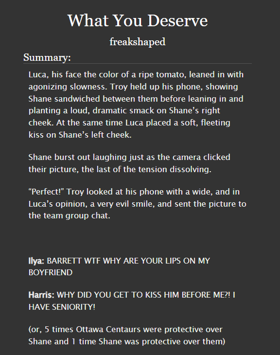freakshaped's tweet photo. "What You Deserve" Ottawa Centaurs 5+1

- everybody loves and protects shane
- ilya loves his team but they need to stop flirting with shane pls
- found family feels
- just angst and cuteness

https://t.co/mIatqFJNGq https://t.co/0EFbiyY0Eg