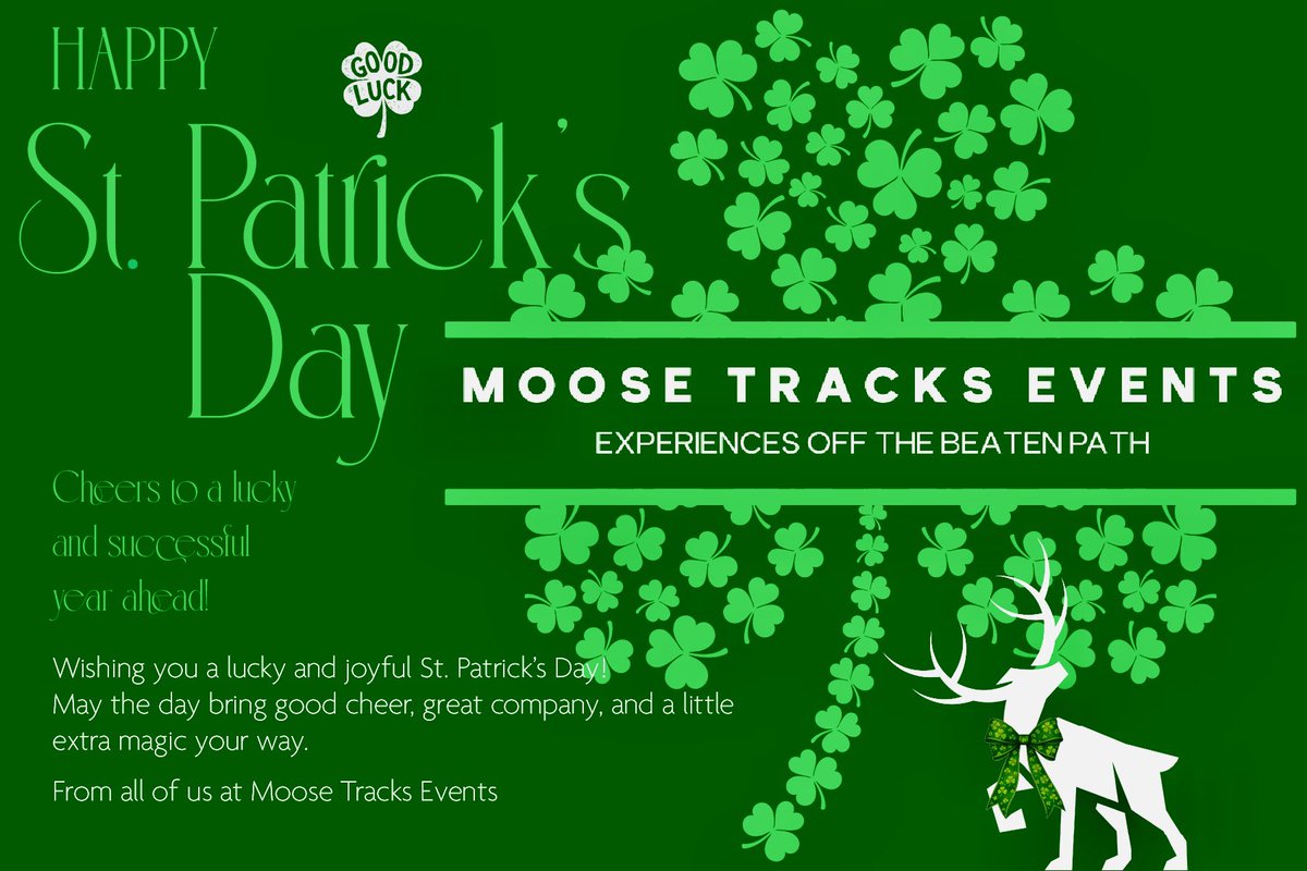 MooseTrackEvent's tweet photo. Some people believe great moments come from luck.

Consider us your lucky find.

Happy St. Patrick’s Day from Moose Tracks Events &amp; Bruce the Moose. 🍀

#DestinationManagement #DMC #MooseTracksEvents #EventDesign #StPatricksDay https://t.co/orS3tv0Edc
