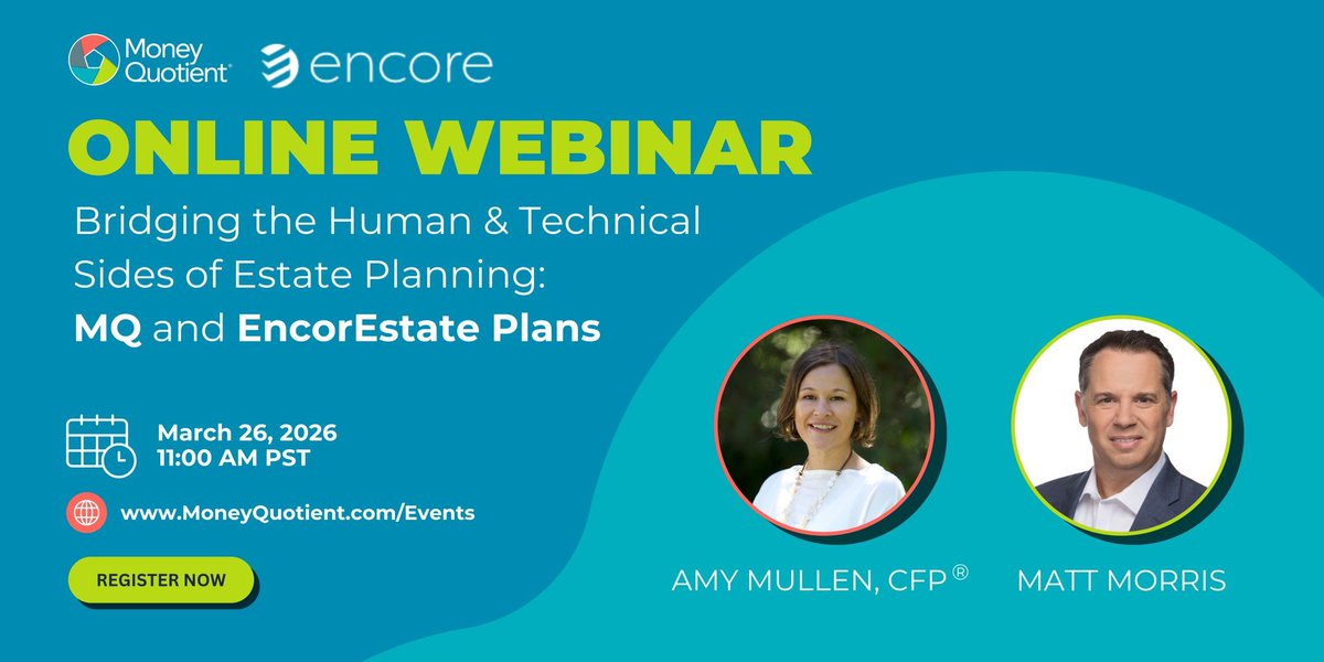 encorestateplan's tweet photo. Quick, what's the one thing clients ALWAYS procrastinate on?!

Yes, taxes!

But what else?

We'll give you a hint: it rhymes with "EncorEstate Plans" 🤭 

Correctomundo if you guessed "estate plans"!!

You're probably thinking, "Well, yeah...you can lead a horse to water..."

But what if there was a better way to help clients get over the procrastination hump, one rooted in both confidence and compassion to actually help clients get their estate plans done and funded?

In fact, Amy N. Mullen, CFP® of Money Quotient (MQ) and Matt Morris of EncorEstate Plans can show you that way: both MQ and Encore have teamed up to illustrate that very path for advisors in bridging the gap between the human and technical sides of estate planning.

In an upcoming webinar, you'll learn:
🗺️ How Money Quotient's new sequence of client tools helps uncover the emotional and relational aspects of estate planning
⚡ Practical ways to help clients move past procrastination and engage meaningfully with their planning decisions
🤝 How EncorEstate Plans technology enables advisors to offer estate plan drafting directly within their client relationships
🙌 How the MQ + Encore partnership supports holistic, values-based, and efficient estate planning experiences

RSVP here 👉 https://t.co/zUXCwh1xaj