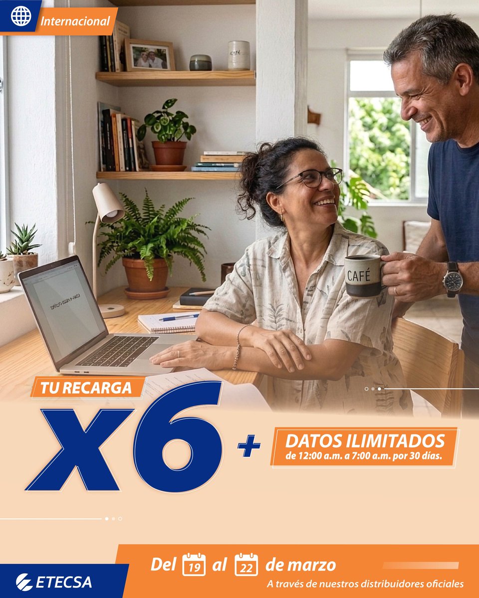 Nueva promoción!!
Del 19 al 22 de marzo, si recibes una #RecargaInternacional desde 600 CUP hasta 1250 CUP, a través de nuestros distribuidores, multiplicarás X6 el monto de dinero recargado en tu saldo principal y recibirás datos ilimitados de 12:00 a.m. a 7:00 a.m, por 30 días.