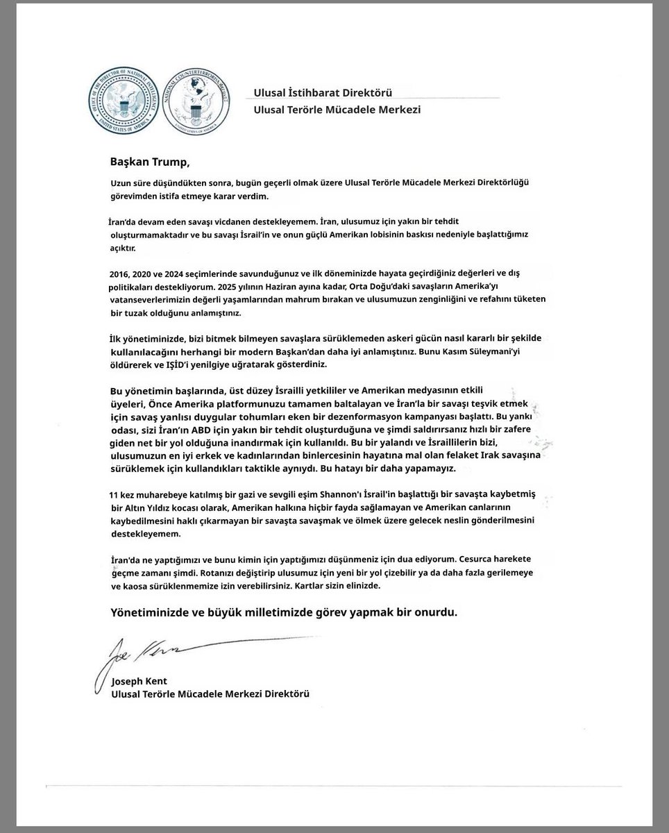 KeremAkalin_'s tweet photo. ABD Ulusal Terörle Mücadele Merkezi direktörü Joseph Kent: 

''İsrail'in ve onun ABD lobisinin baskısıyla başlattığımız İran savaşını destekleyemeyeceğim için görevimden istifa ediyorum''

#insanlıkkazanacak
#hakantosun @hakantosun https://t.co/w4nbmuO5HV