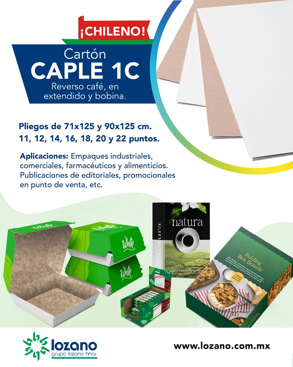 Lozano_Hnos_'s tweet image. ¿Buscas un empaque con personalidad natural? 🌱
El Caple Chileno 1C es tu opción ideal: una superficie blanca perfecta para imprimir y un reverso café que transmite ese look ecológico que necesitas.
Consulta precios: bit.ly/46C8beI

#caple #artesgraficas #caplechileno