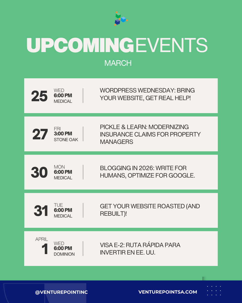 VenturePointInc's tweet photo. ✨Here’s what’s coming up at VenturePoint: 

📍 3/25 | WordPress Wednesday

📍 3/27 | Pickle &amp; Learn 

📍 3/30 | Blogging in 2026

📍 3/31 | Get Your Website Roasted (And Rebuilt)! 

📍 4/01 | Visa E-2: Ruta Rápida para Invertir en EE. UU.

Register here: https://t.co/wFQ6e8F05L https://t.co/nNJpdg5GTE