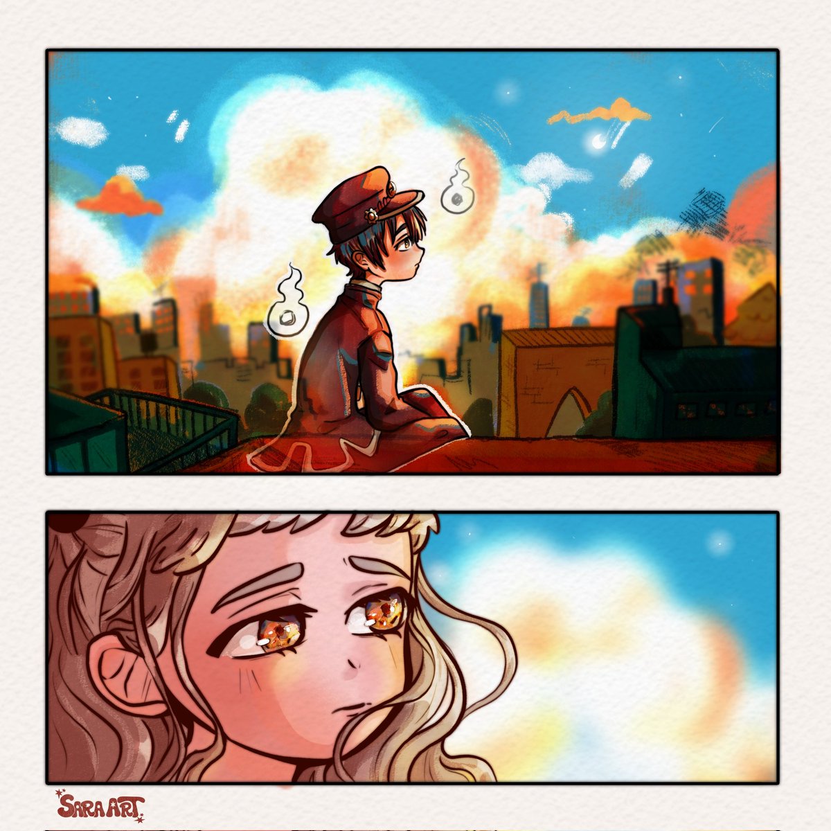 by_saraart's tweet image. It’s been almost a year since I posted my first TBHK fanart. I’m really happy with how much my art has grown since then, so to celebrate I decided to draw the rooftop kiss scene again. 💌
I hope you like it 🧡✨
#hananene #yashiro #hanako #tbhk #jshk  #キスの日 #地縛少年花子くん