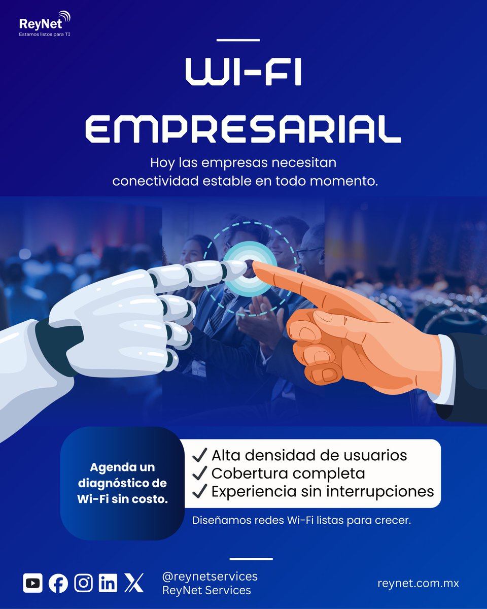 ReyNetMx's tweet photo. 🛜Tu WiFi no debería fallar… cuando más lo necesitas.

En espacios con alta demanda, la diferencia no está en tener WiFi… sino en tenerlo bien diseñado.

En ReyNet te ayudamos a lograrlo:
✔ Conectividad estable
✔ Cobertura sin puntos muertos
✔ Experiencias sin interrupciones https://t.co/KshkY8Ume9