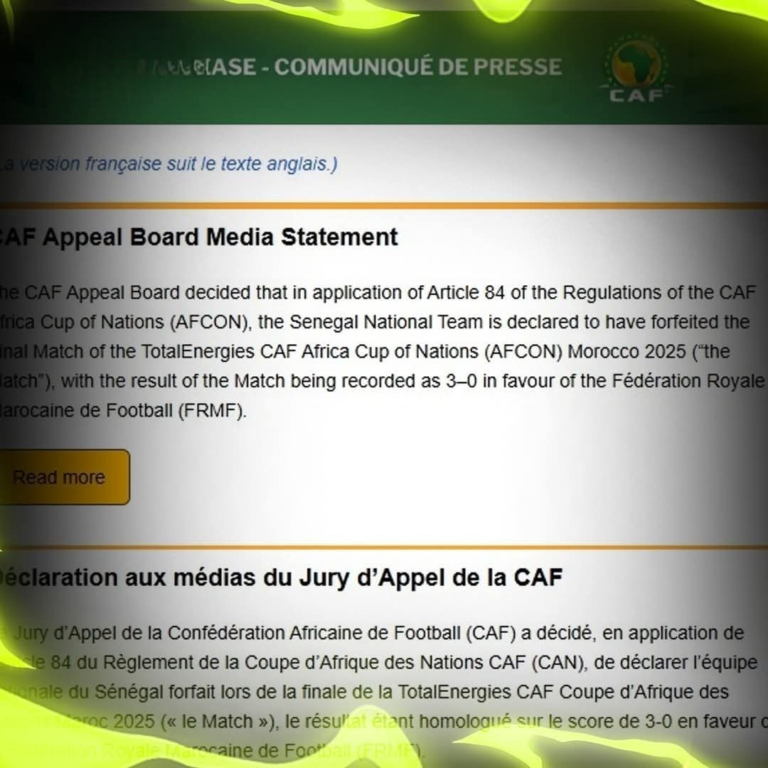 قرار ناري من الاتحاد الإفريقي لكرة القدم 🚨
اعتماد فوز منتخب المغرب لكرة القدم بنتيجة 3-0 على منتخب السنغال لكرة القدم بعد انسحاب السنغال من النهائي! 🔥⚽
#الكاف #المغرب #السنغال #أمم_إفريقيا #AFCON