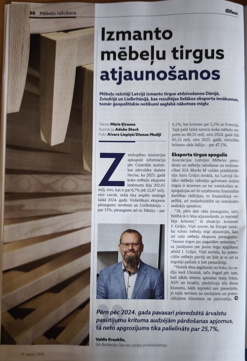 Erele's tweet photo. Latvijas mēbeļu eksports 2025. gadā aug 202,65 milj. € (+6,7%), bet tirgus joprojām trausls.

💬 “Tirgus nav ieguvis stabilitāti, tas ir cenu jūtīgs.” — V. Krauklis

💬 “Nenoteiktība ir šodienas ikdiena.” — A. Jansons
#Latvija #Eksports #Mēbeles #Bizness #mēbeļuražotāji https://t.co/R06tNCRFwT