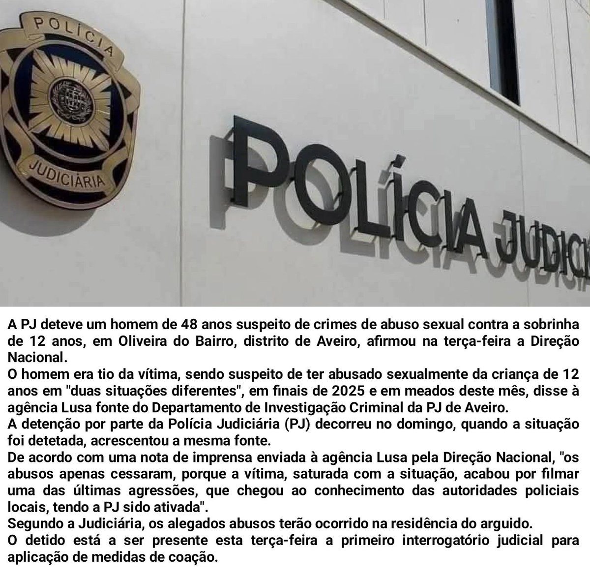 PJ detém homem suspeito de abuso sexual de sobrinha em Oliveira do Bairro