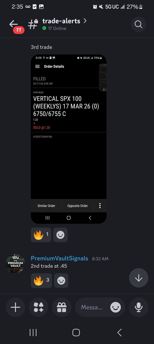 ThePremiumVault's tweet photo. 3/17/26 +$3,230 on the day. 4/4 Trades GREEN. Proof of trade alerts below. Happy GREEN DAY ☘️🍻💰
#ThePremiumVault #TheStrat #optionstrading #trading #options #stocks #investing #daytrading #finance #thetagang #stocks #stockmarket #creditspreads #SPX #Magic8Ball #m8b https://t.co/P8dBDj17DV