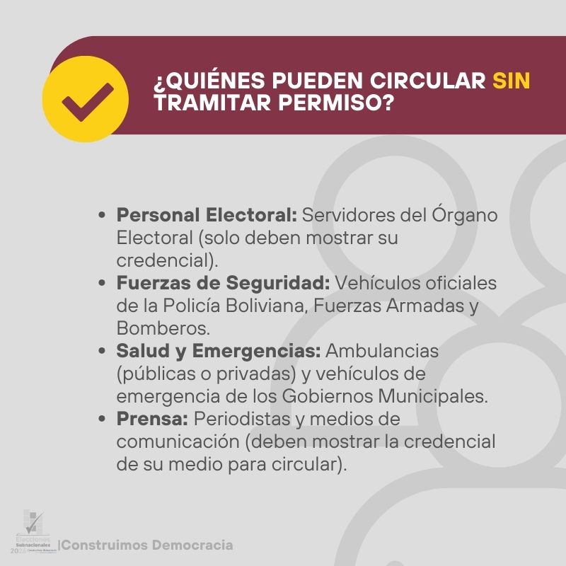 tedla_paz's tweet photo. 📷📷 Permiso de circulación vehicular – Elecciones Subnacionales 2026
Recuerda que, durante la jornada electoral, la circulación de vehículos está restringida; sin embargo, algunos sectores deben contar con permiso vehicular autorizado para poder trasladarse. https://t.co/MiaaET2Rrl