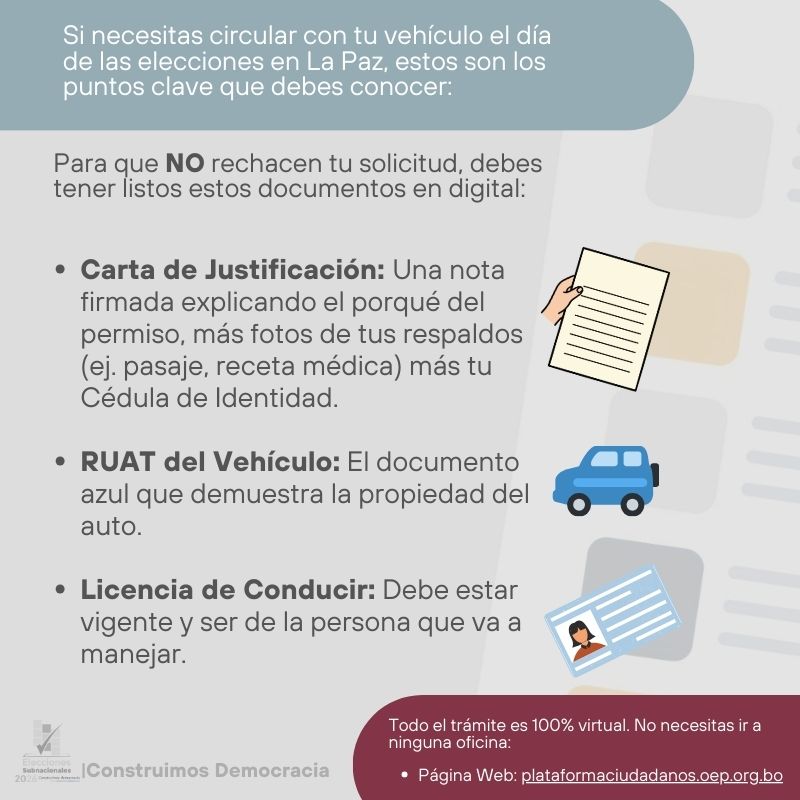 tedla_paz's tweet photo. 📷📷 Permiso de circulación vehicular – Elecciones Subnacionales 2026
Recuerda que, durante la jornada electoral, la circulación de vehículos está restringida; sin embargo, algunos sectores deben contar con permiso vehicular autorizado para poder trasladarse. https://t.co/MiaaET2Rrl